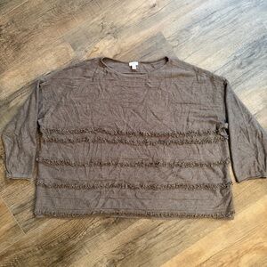 J. Jill Womens 2X Brown Long Sleeve Top Textured Frayed Shaggy Fringe Round Neck